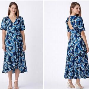 Whistles Women's Josephine Print Wrap Dress Leafy Blue/Multi Print Open Back 6